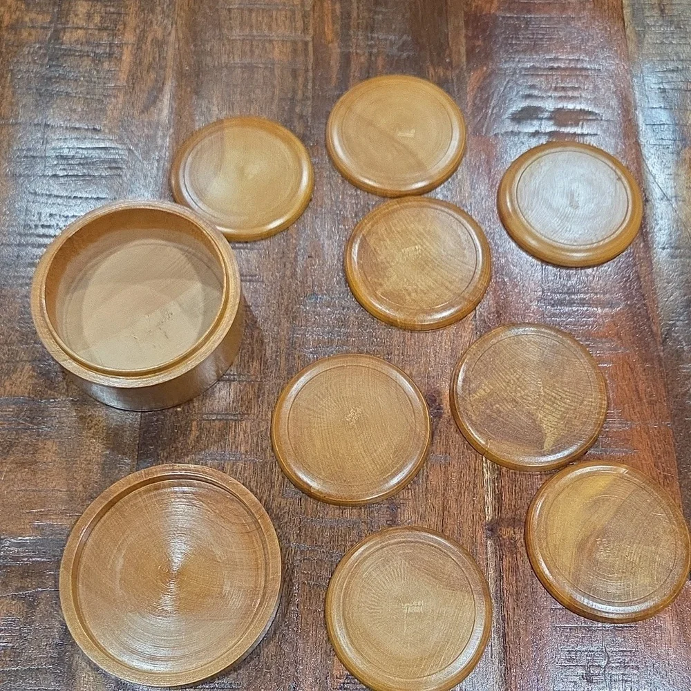 Vintage Japanese Handcrafted Wooden Coaster Set with Box